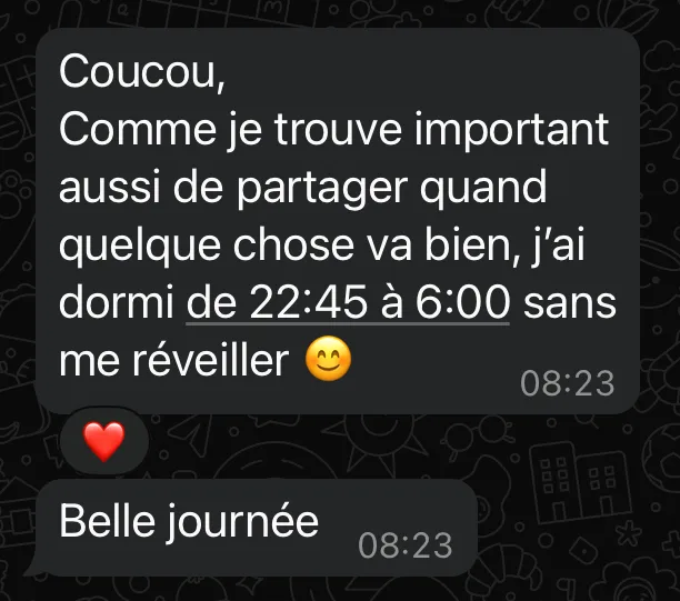 Capture d'un témoignage WhatsApp sur SLEEP CALM®