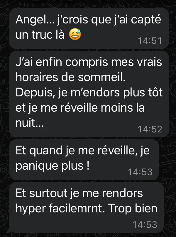 Capture d'un témoignage WhatsApp sur SLEEP CALM®