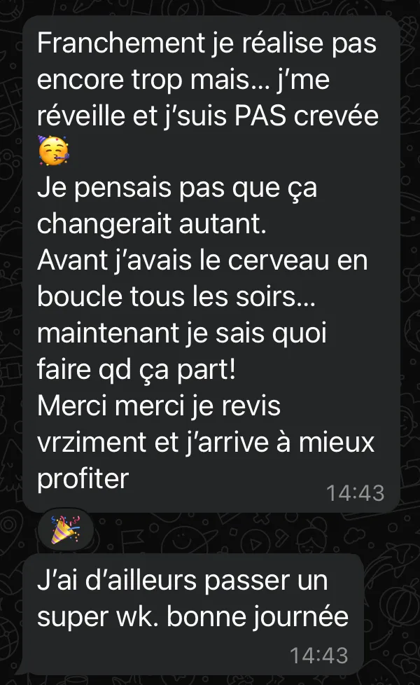 Capture d'un témoignage WhatsApp sur SLEEP CALM®