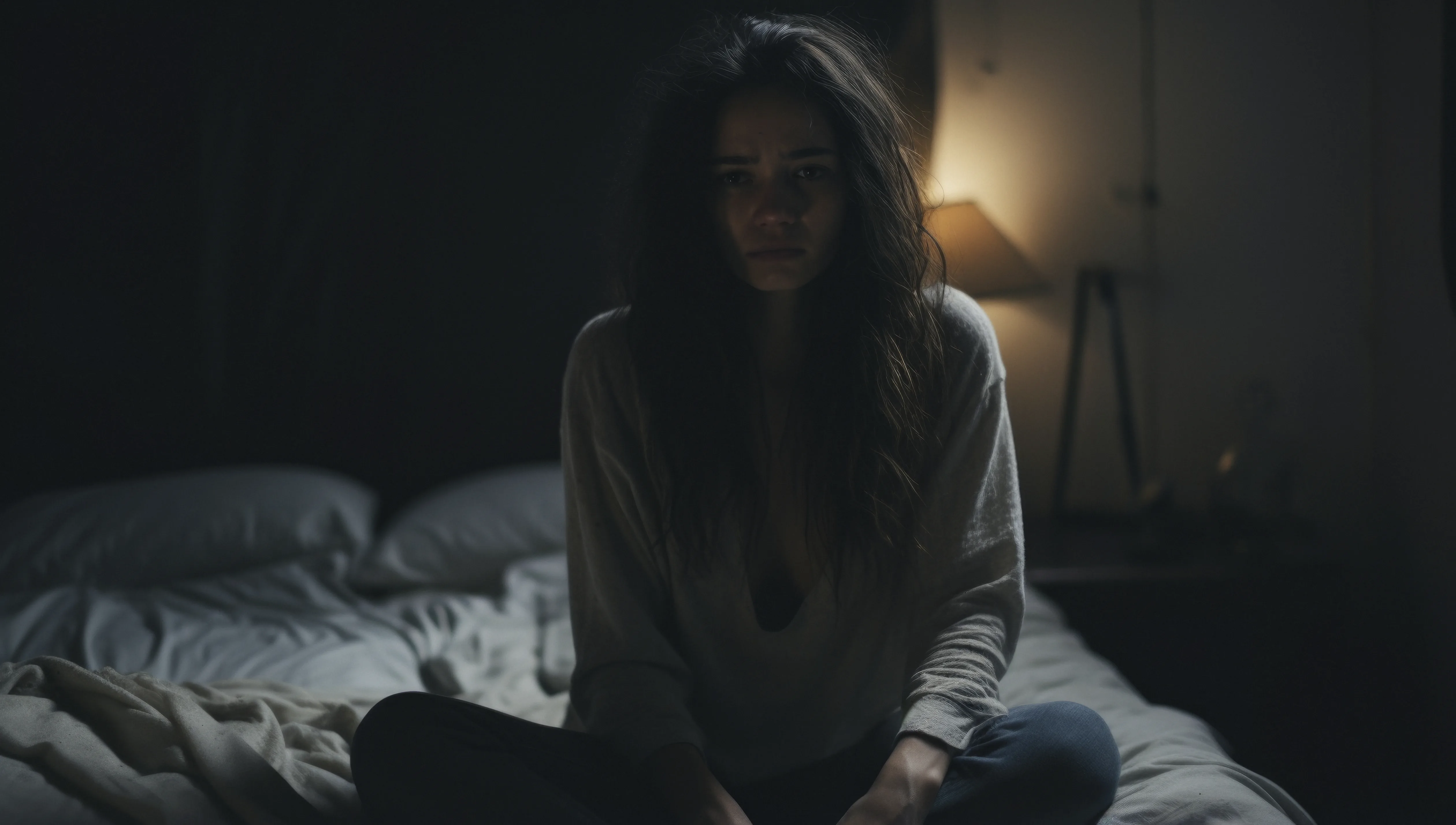 Personne allongée, le visage tendu, évoquant un corps en hypervigilance la nuit