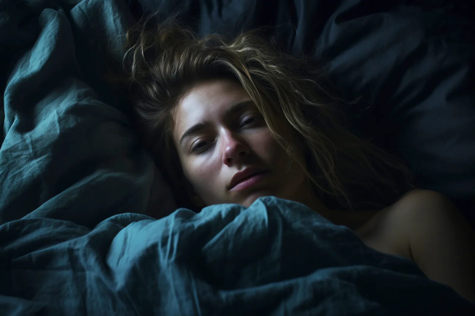 Femme allongée dans son lit, éveillée et anxieuse, évoquant la peur de ne pas dormir