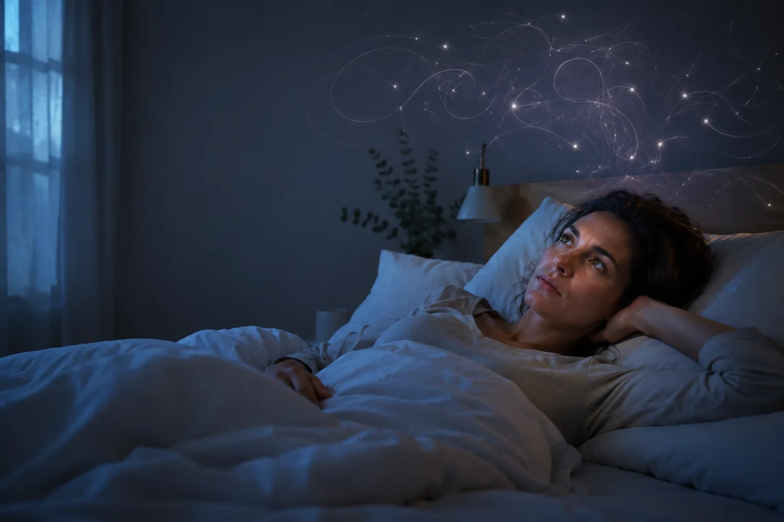 Femme éveillée dans son lit la nuit, envahie par une hyperactivité mentale qui empêche son cerveau de ralentir