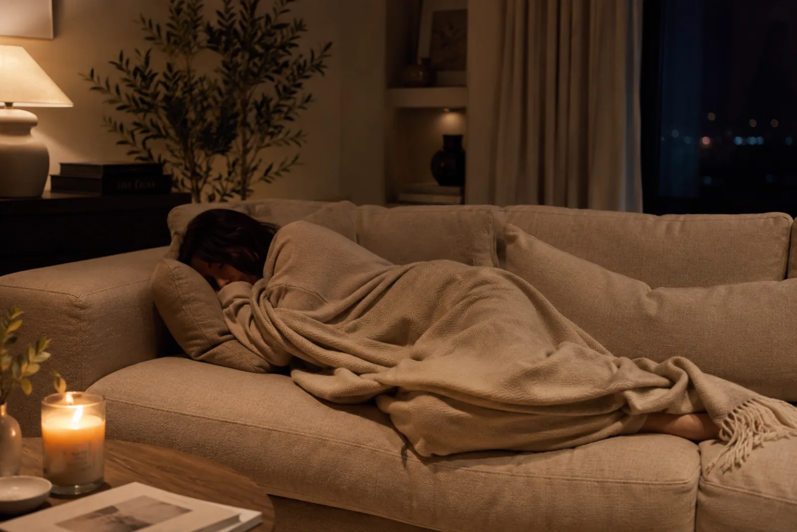 Femme endormie sur un canapé la nuit, évoquant le fait de mieux dormir ailleurs que dans son propre lit