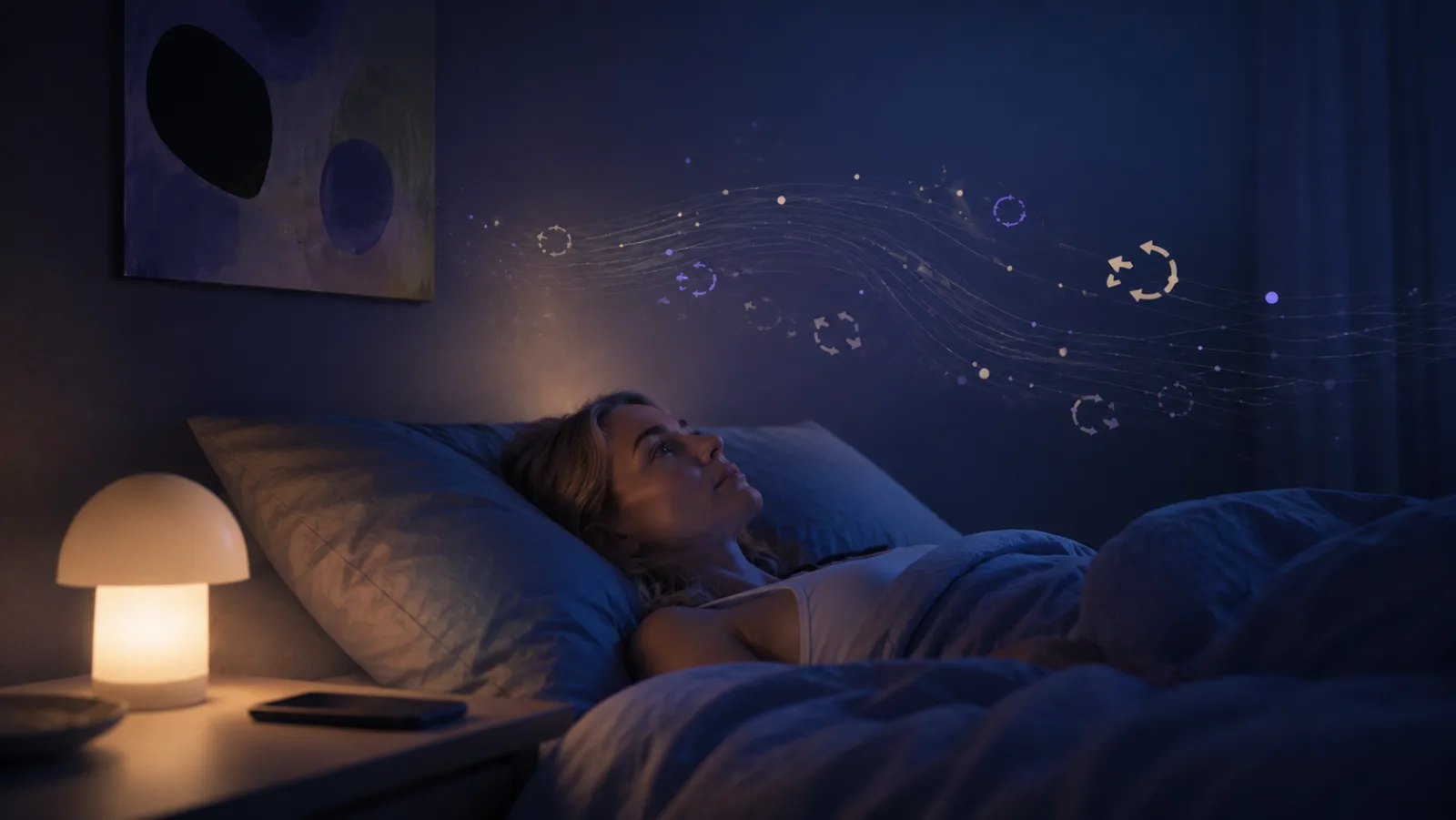 Femme éveillée la nuit avec un casque audio, évoquant les pensées mentales en boucle qui entretiennent l’insomnie