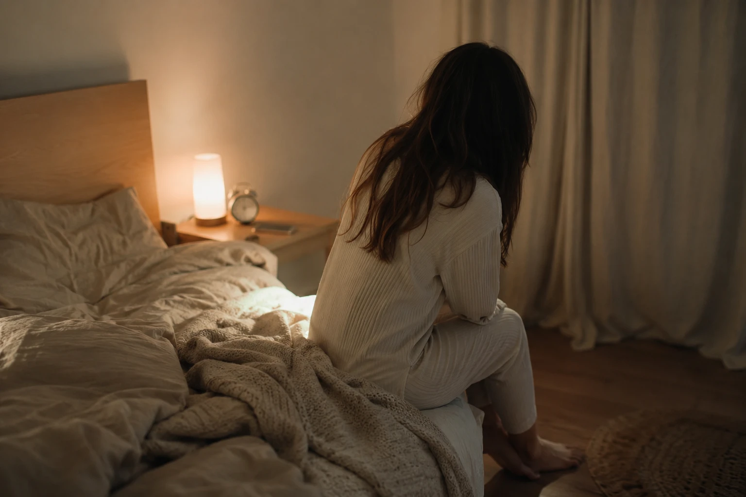 Femme assise au bord du lit le soir près d’un réveil, évoquant le fait de se coucher trop tôt sans avoir sommeil