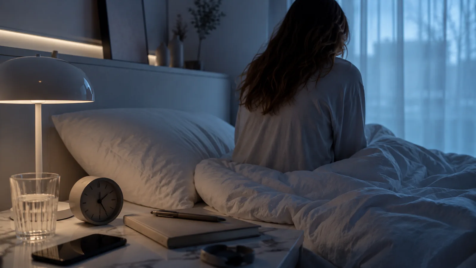 Femme endormie dans un lit calme avec une lumière douce, évoquant les phases de sommeil réparateur