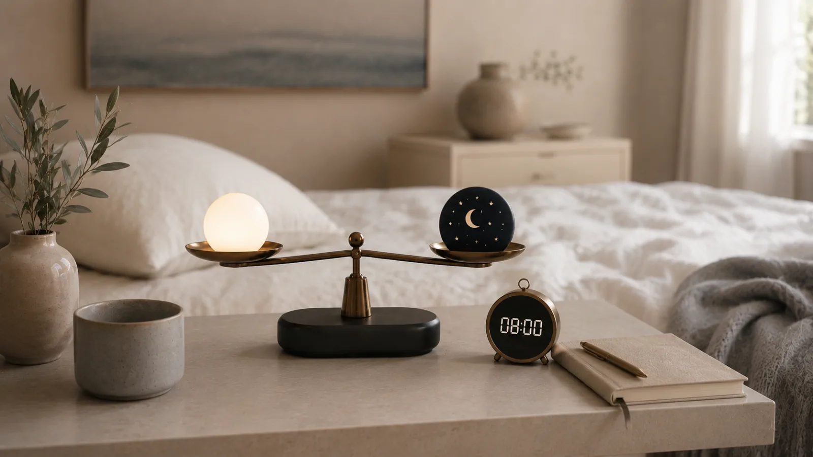 Femme éveillée dans son lit regardant l’heure, évoquant la pression de dormir 8 heures