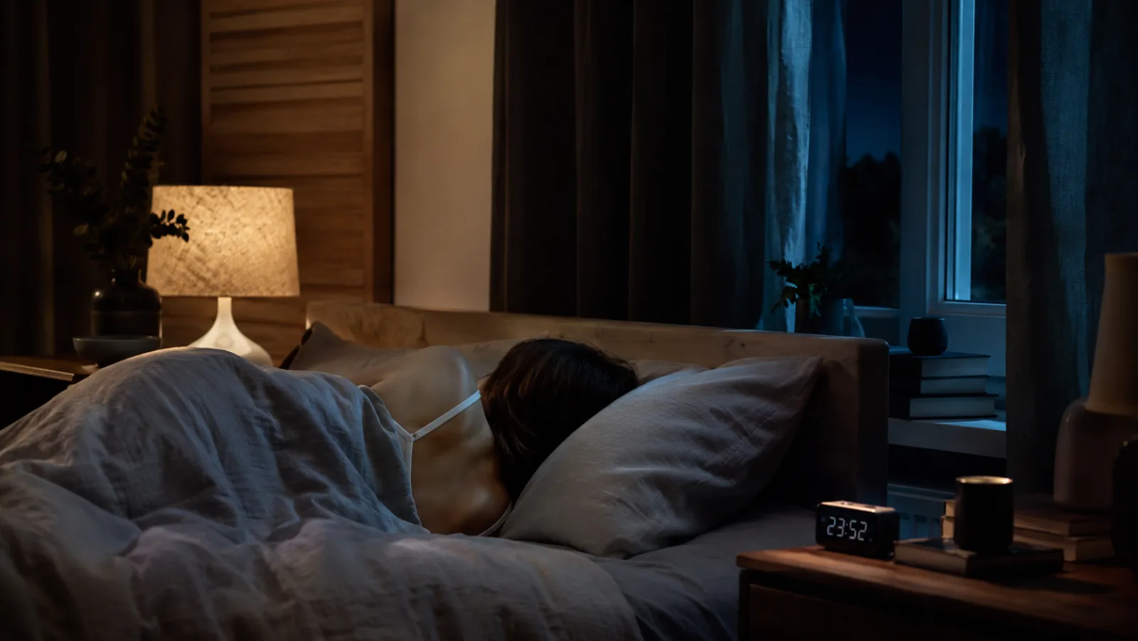 Table de nuit avec réveil proche de minuit et lumière douce, évoquant la croyance des heures avant minuit