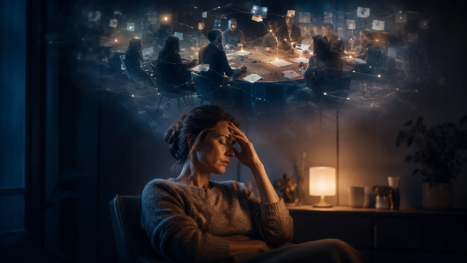 Femme entourée d’un nuage de pensées, évoquant les ruminations nocturnes qui empêchent de dormir