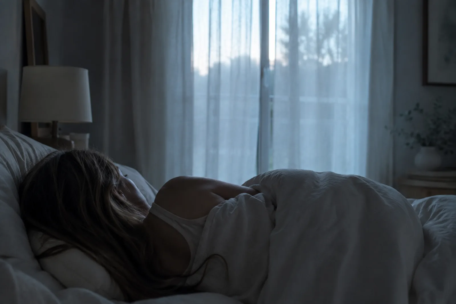 Femme éveillée entre 3h et 5h du matin, évoquant les réveils nocturnes et le mental qui repart