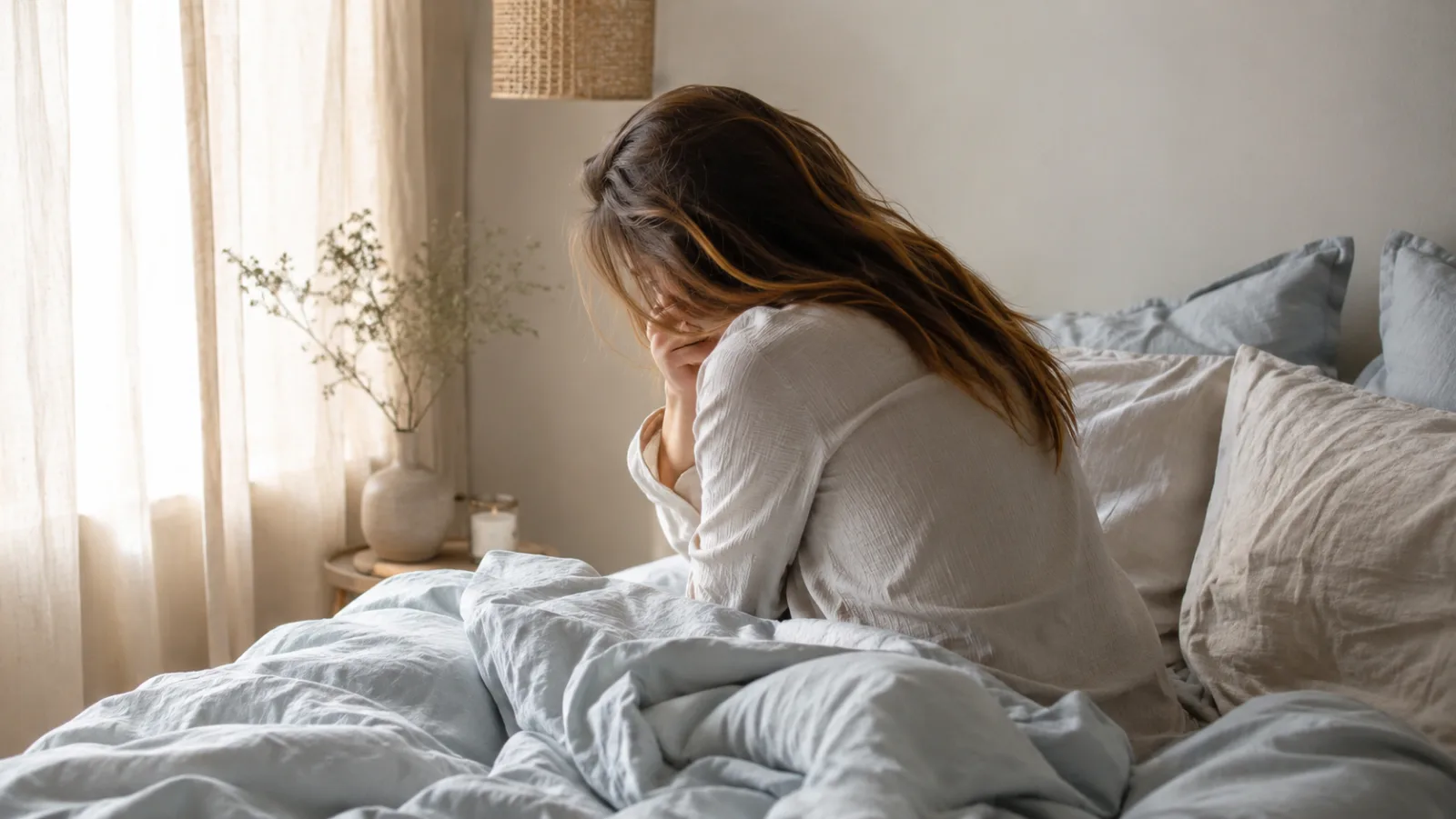 Femme seule dans un port au petit matin, évoquant un cerveau encore actif qui ne laisse pas dormir