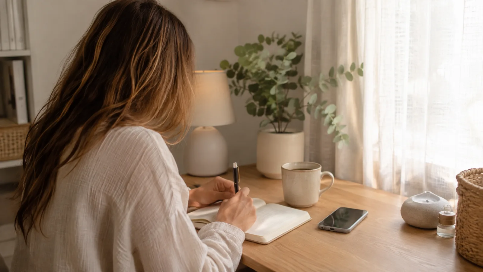 Femme observant ses habitudes dans un carnet, avec une tasse de café et un téléphone posé, pour comprendre ce qui perturbe son sommeil