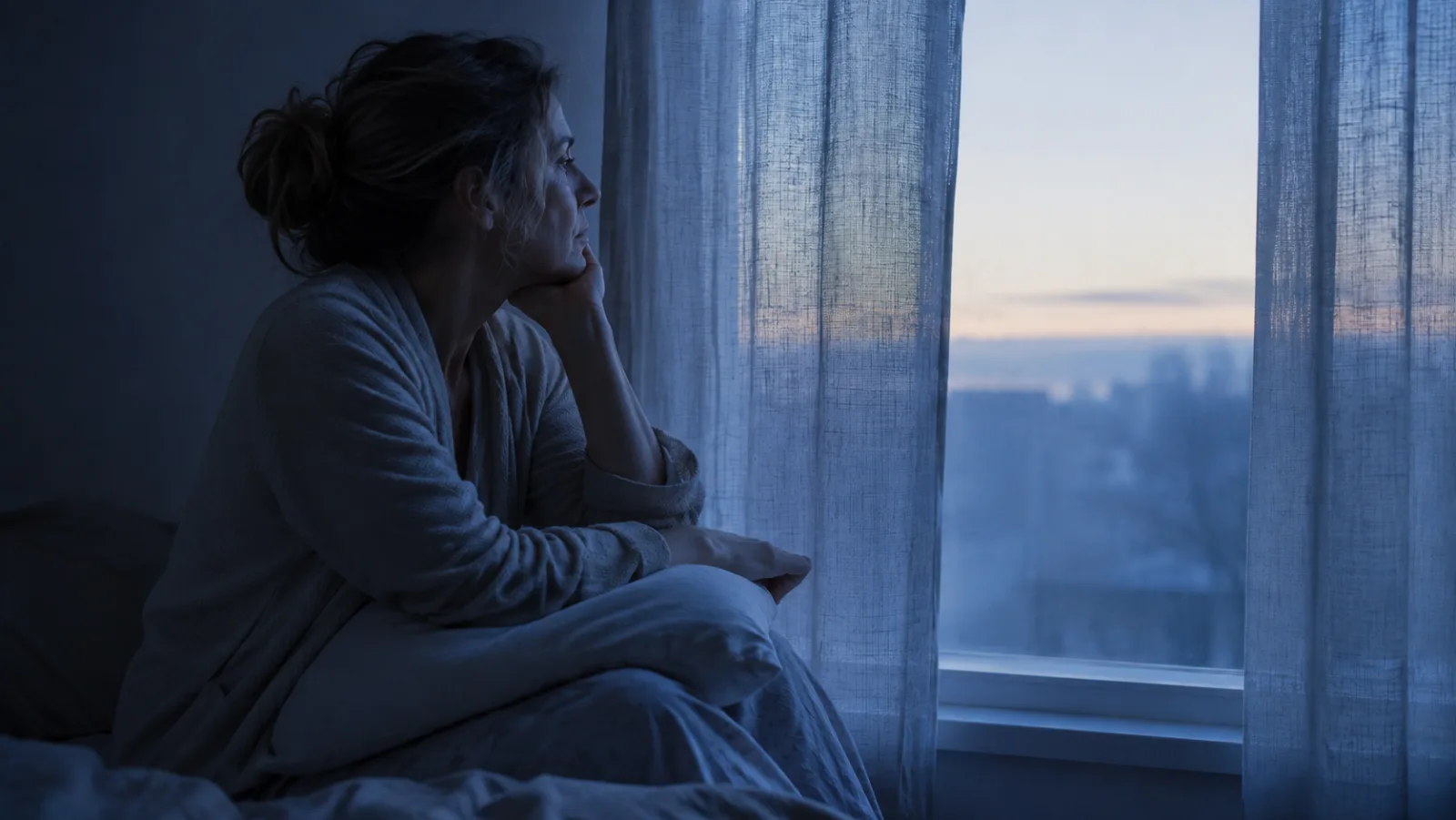 Femme éveillée près d'une fenêtre à la pré-aube, illustrant la fatigue sans somnolence et l'hypervigilance qui empêche de dormir