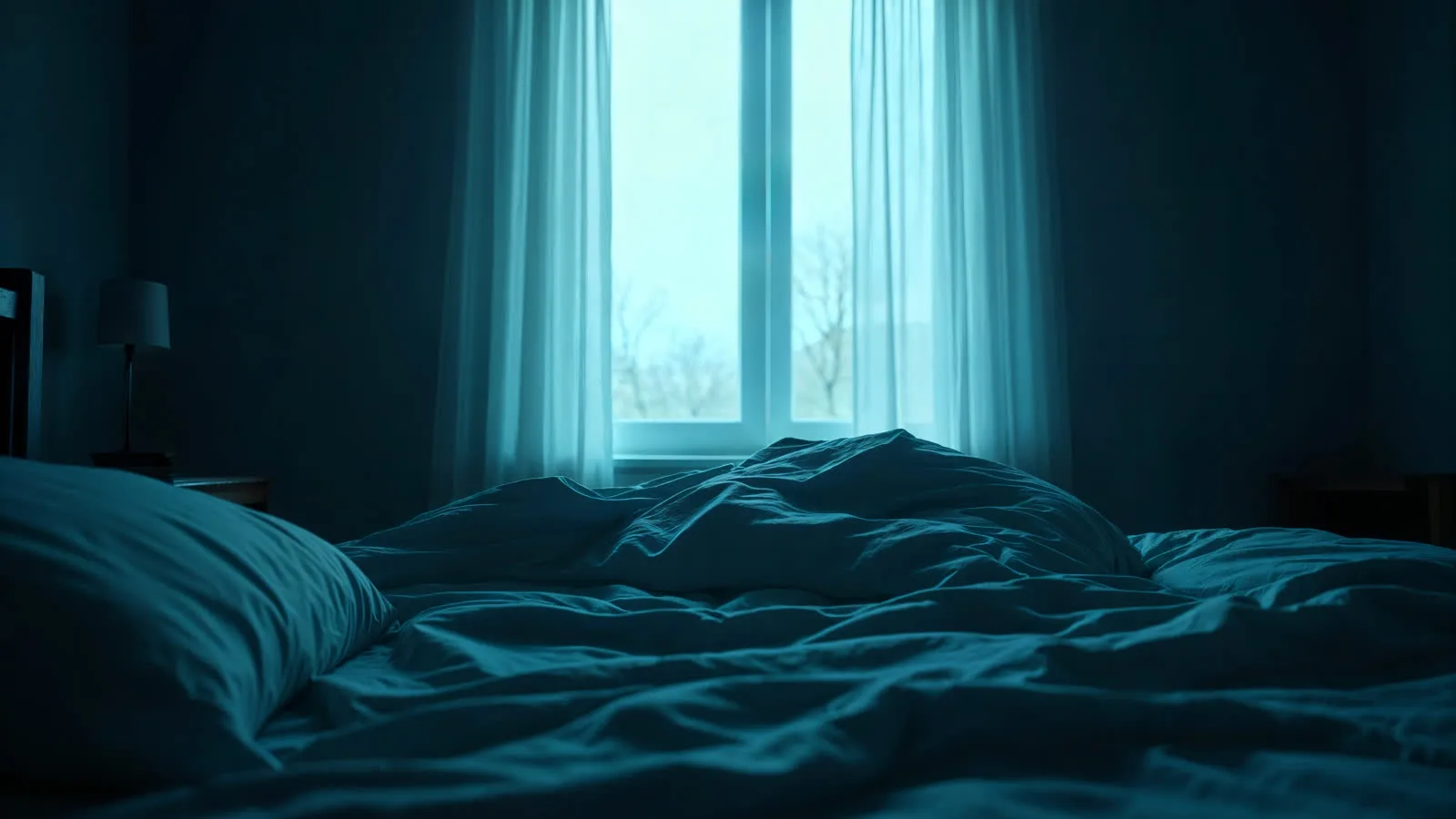 Lit défait dans une chambre vide à l'aube, éclairé par une lumière bleutée, illustrant des nuits agitées et les troubles du sommeil