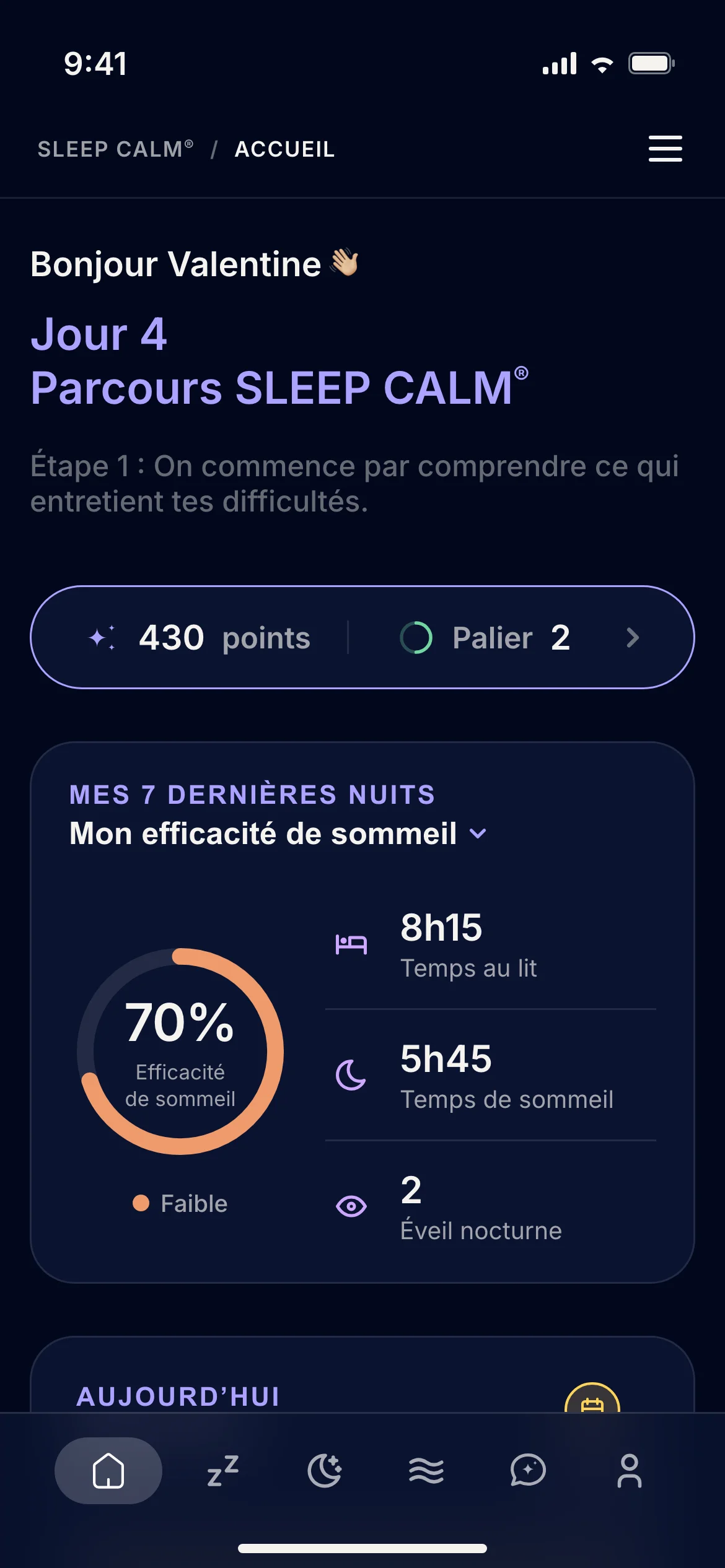 Écran de l'application SLEEP CALM® : Accueil