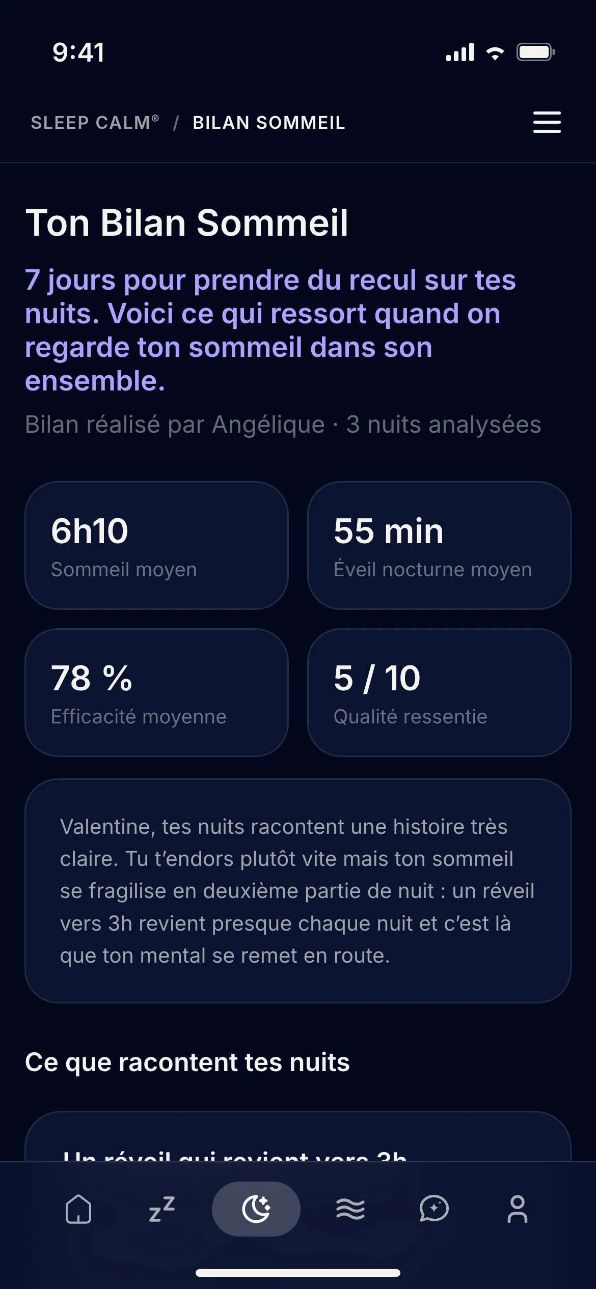 Écran de l'application SLEEP CALM® : Mon Bilan Sommeil