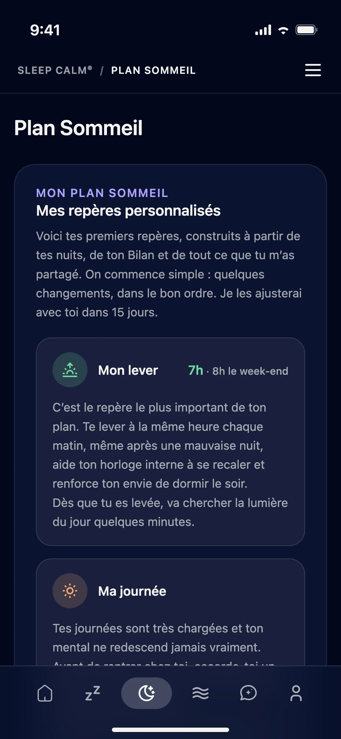 Écran de l'application SLEEP CALM® : Plan Sommeil